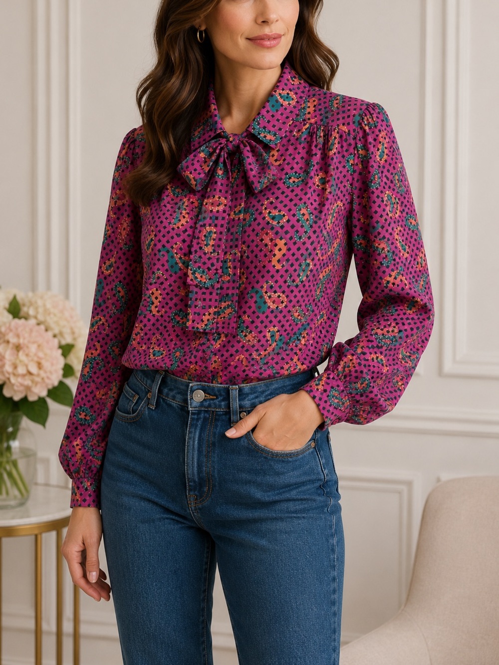 Vintage Ship’n Shore Paisley Bow Blouse Purple Teal USA Made Size 14